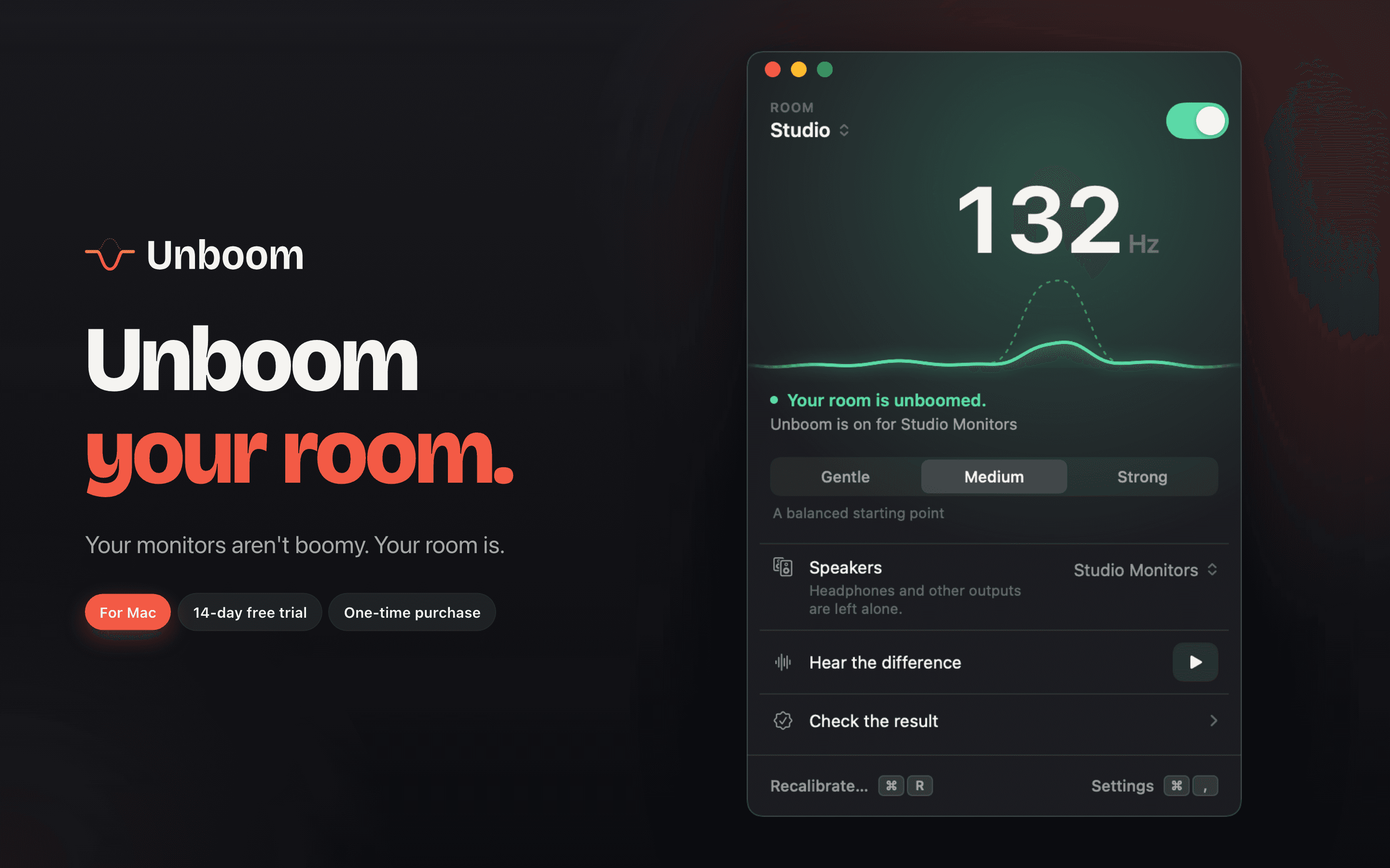 Unboom’s dashboard showing 132 Hz reduced, with the correction switch on