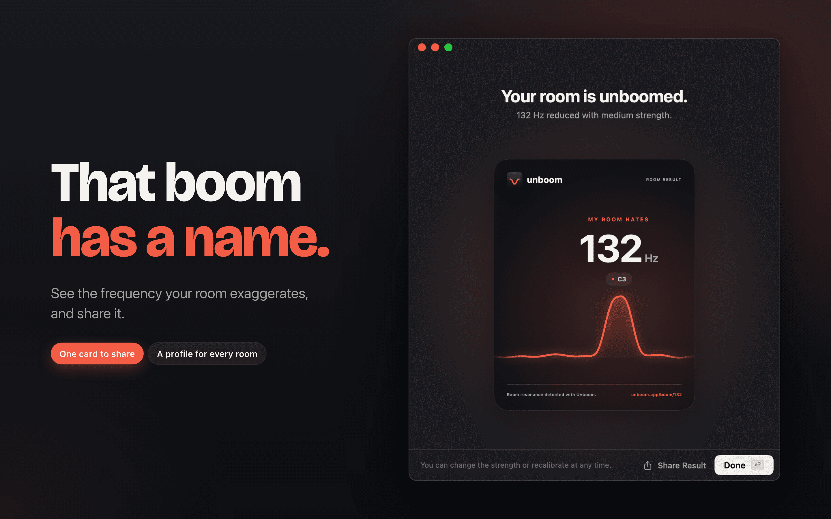 A shareable card with the room’s boom frequency