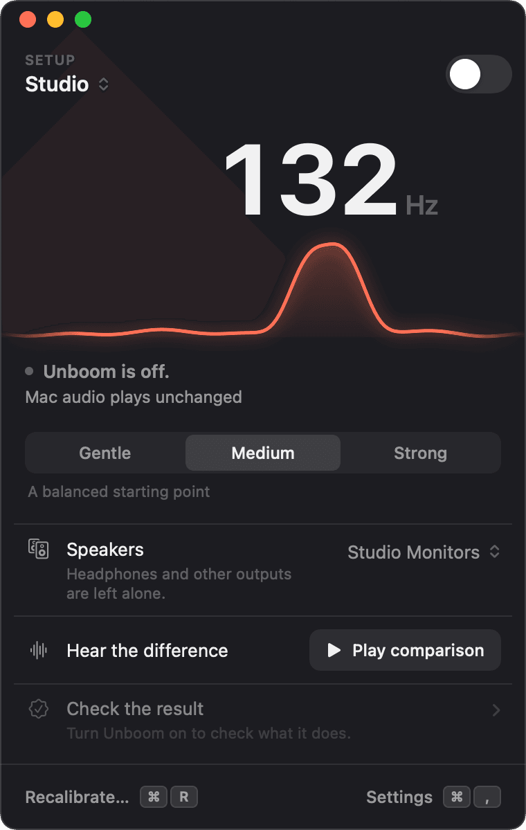 Unboom’s window with the switch off: the Studio boom at 132 hertz standing tall
