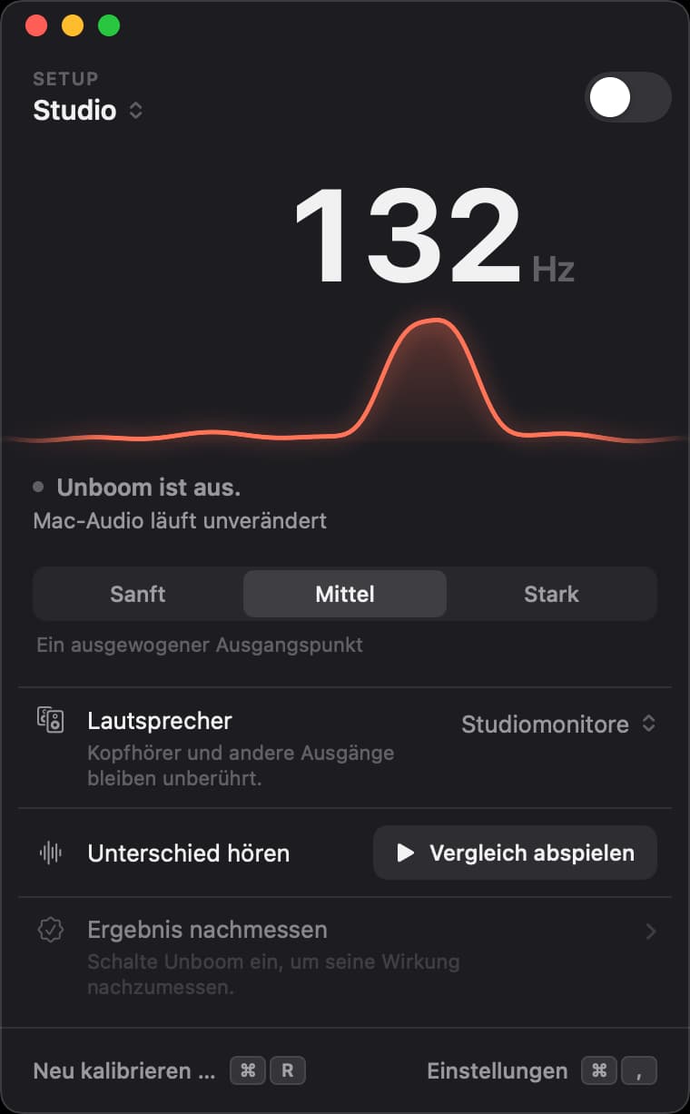 Das Fenster von Unboom mit ausgeschaltetem Schalter: das Dröhnen im Studio bei 132 Hertz ragt deutlich heraus