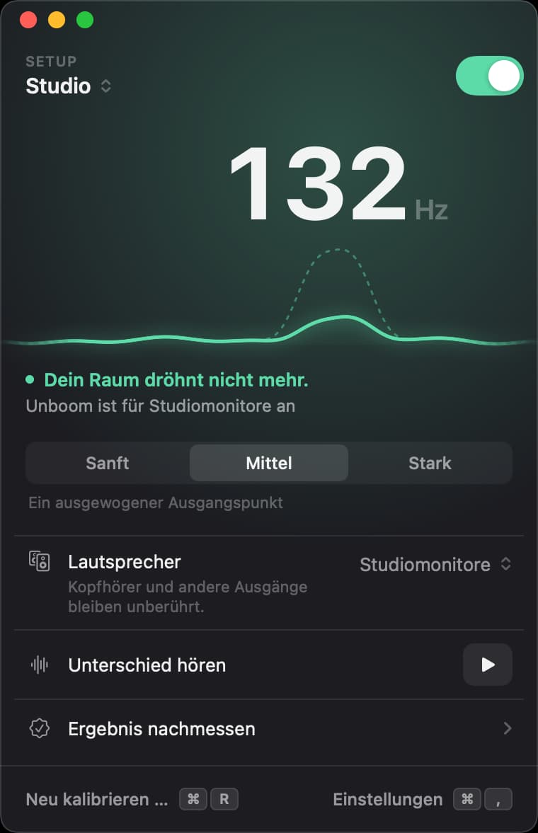 Das Fenster von Unboom mit eingeschaltetem Schalter: das Dröhnen im Studio bei 132 Hertz abgesenkt, Stärke Mittel