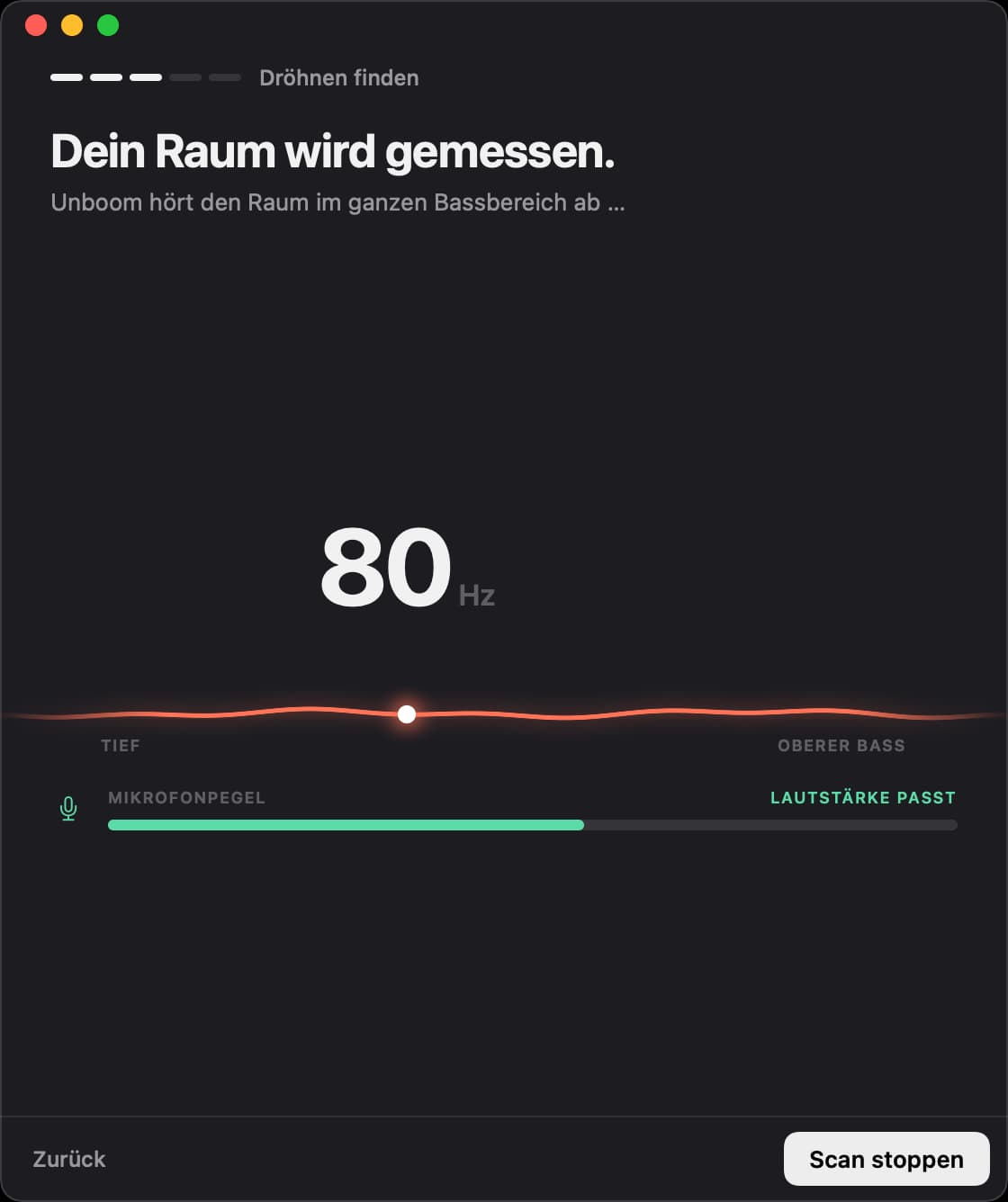 Unboom misst den Raum bei 80 Hertz, der Mikrofonpegel passt