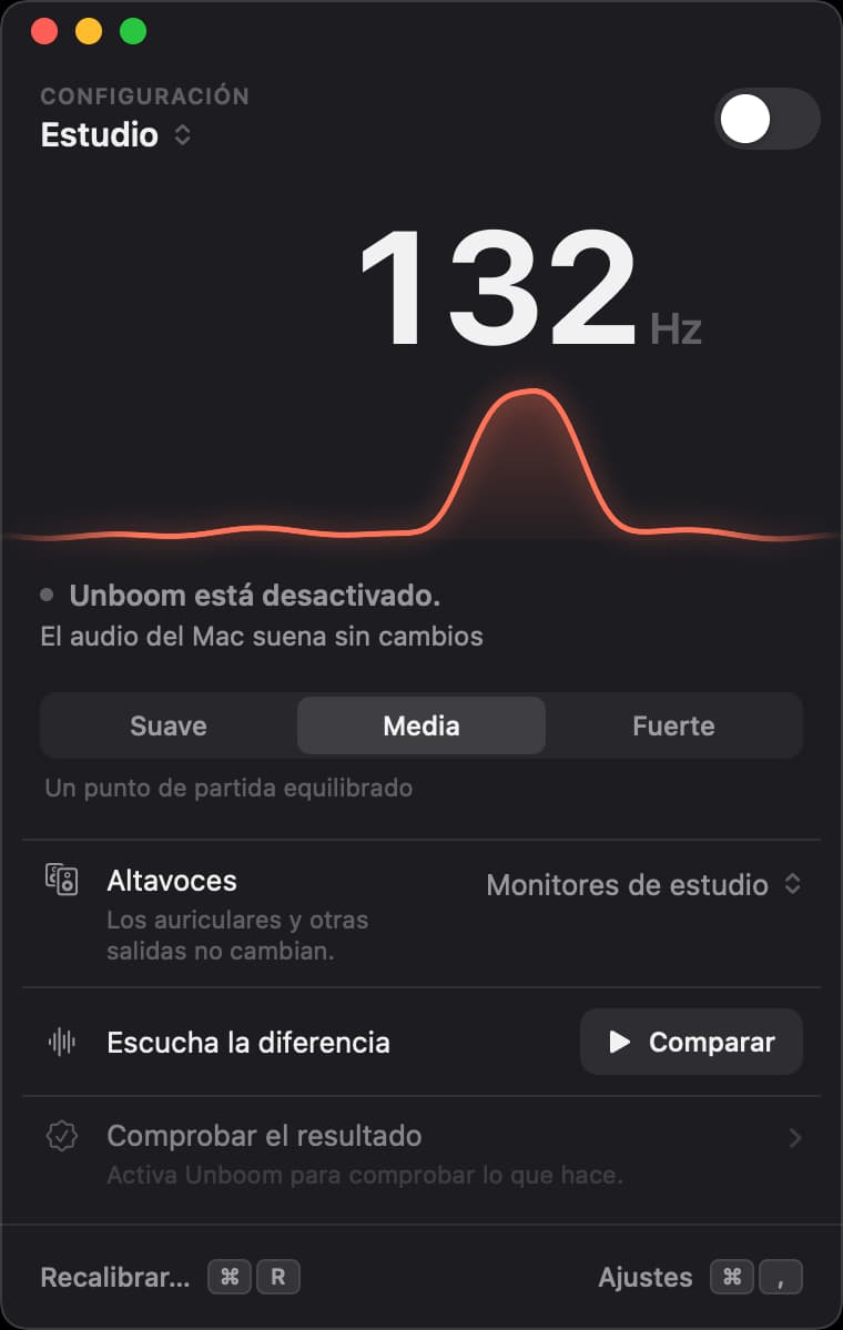 La ventana de Unboom con el interruptor desactivado: el retumbo del Estudio a 132 hercios sobresaliendo