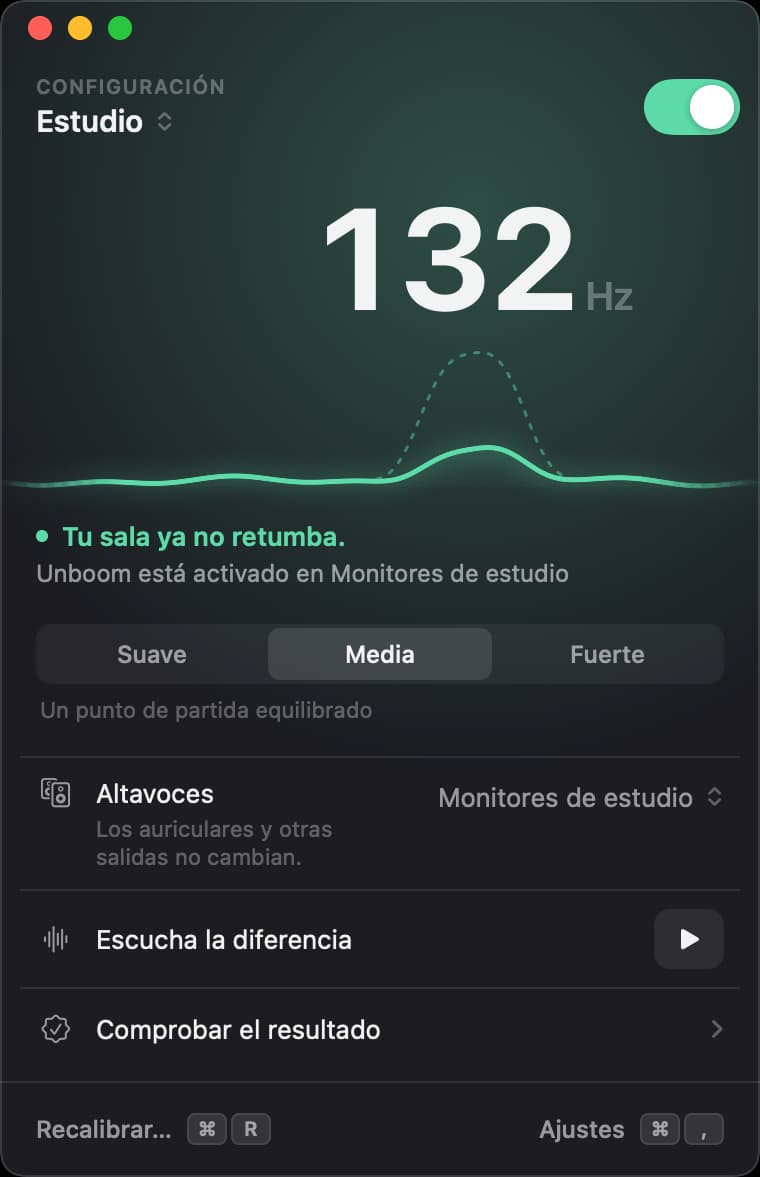 La ventana de Unboom con el interruptor activado: el retumbo del Estudio a 132 hercios reducido, intensidad Media