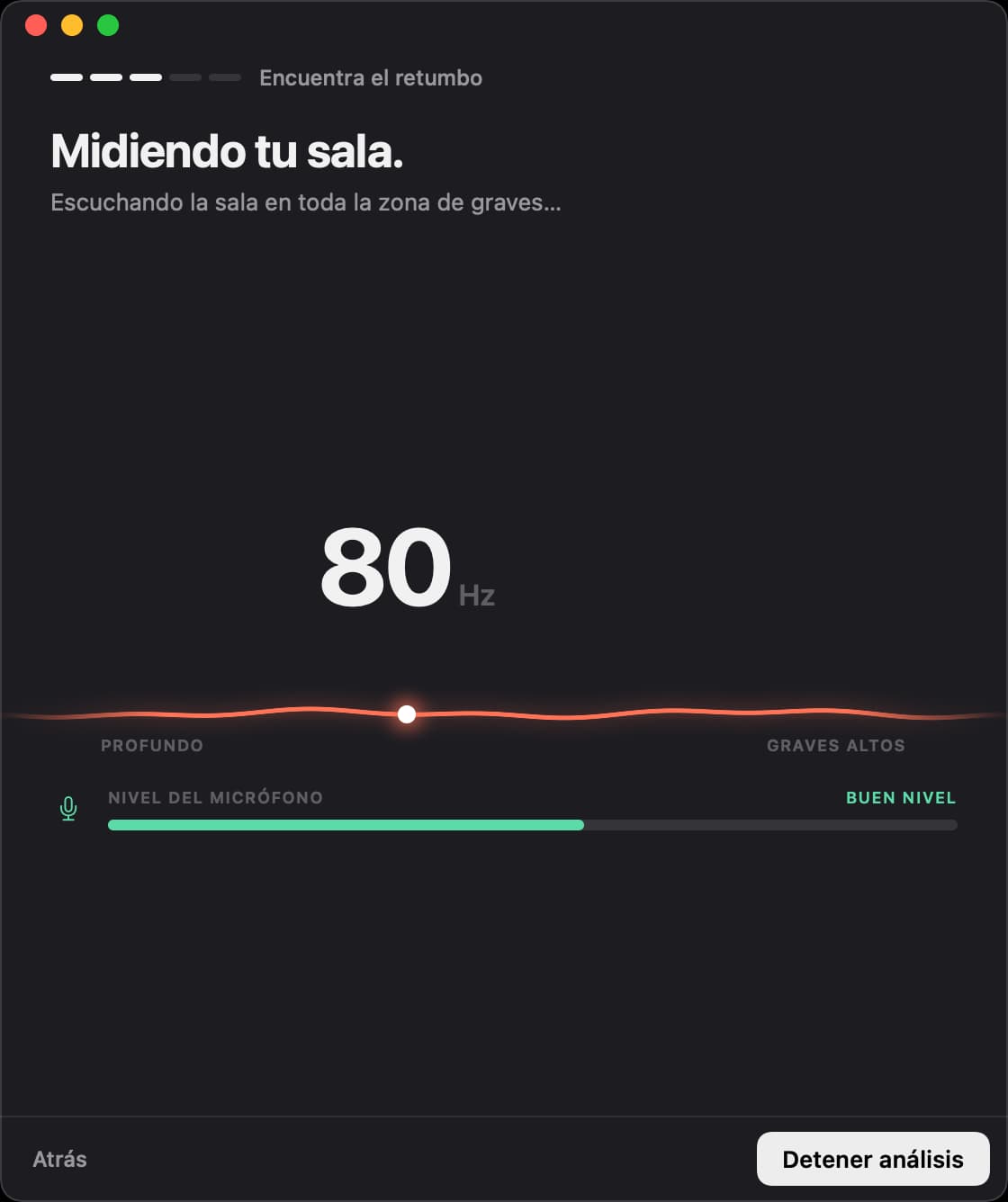 Unboom midiendo la sala a 80 hercios, con buen nivel de micrófono