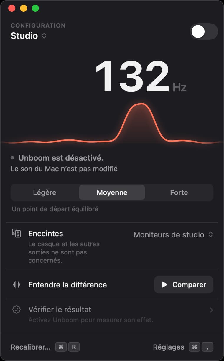 La fenêtre d’Unboom, interrupteur désactivé : le grondement du Studio à 132 hertz bien présent