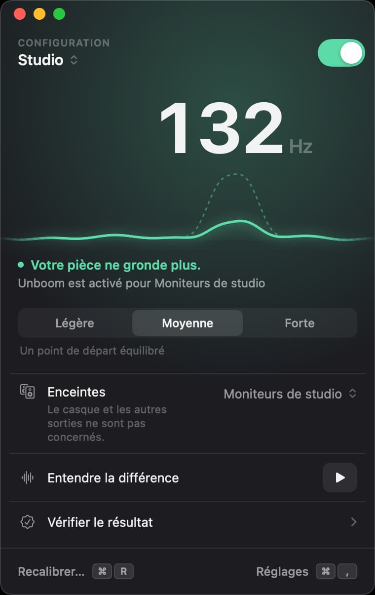La fenêtre d’Unboom, interrupteur activé : le grondement du Studio à 132 hertz atténué, intensité Moyenne