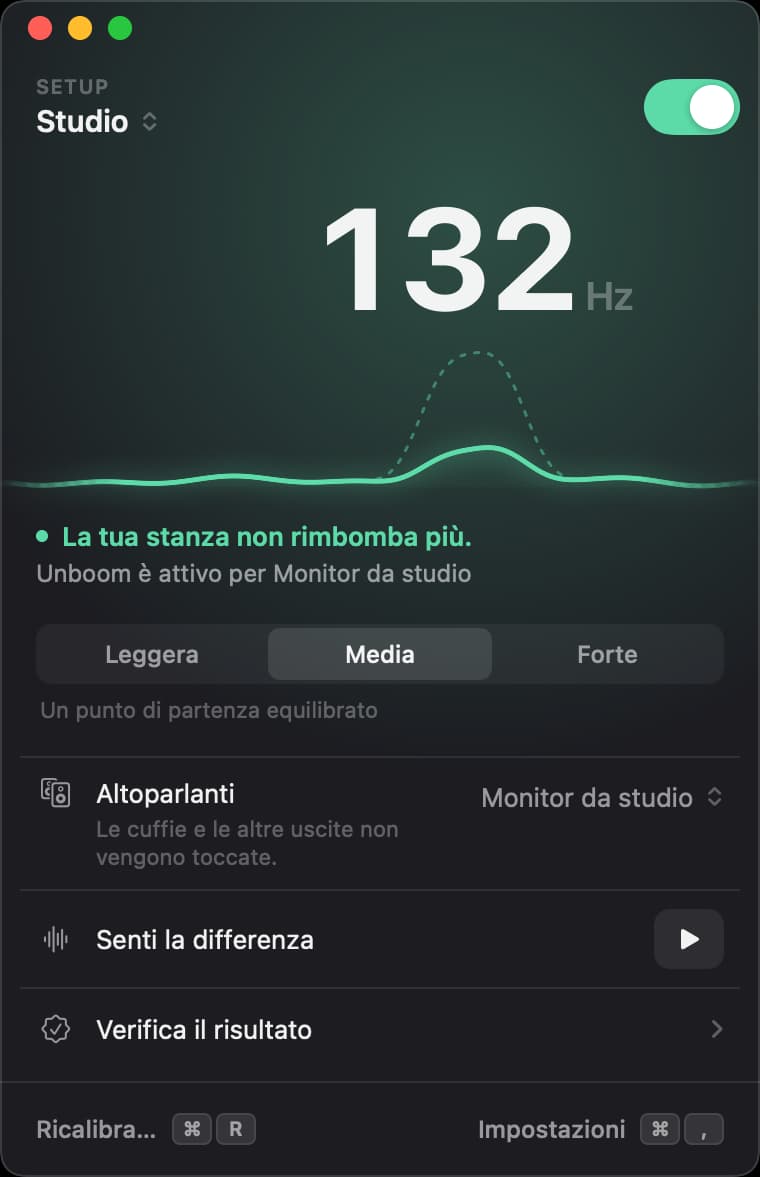 La finestra di Unboom con l’interruttore attivo: il rimbombo dello Studio a 132 hertz ridotto, intensità Media