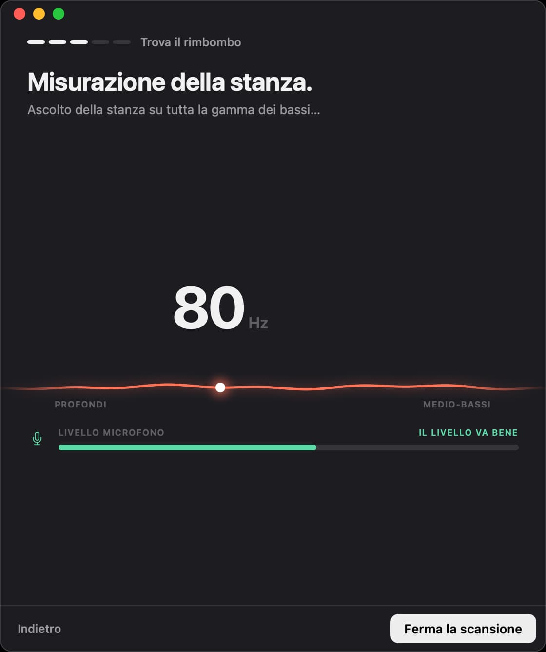 Unboom che misura la stanza a 80 hertz, con un buon livello del microfono