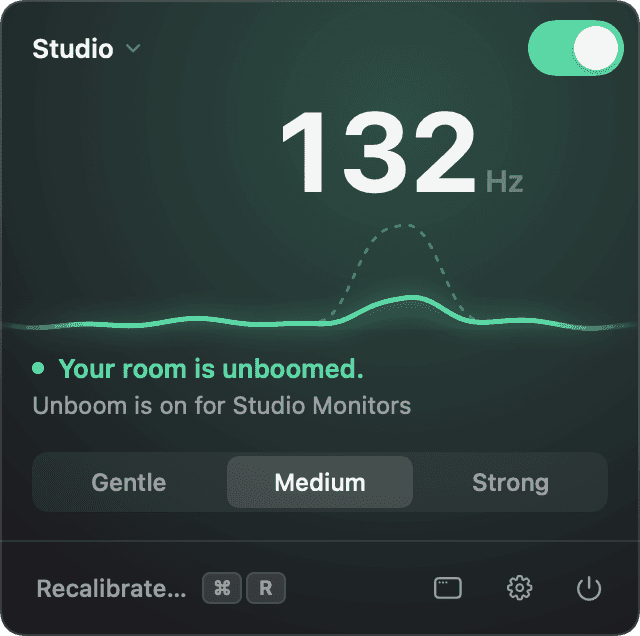 Unboom’s menu bar panel with the switch on and the boom at 132 hertz cut down