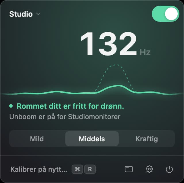 Unbooms panel i menylinjen med bryteren på og drønnet ved 132 hertz dempet