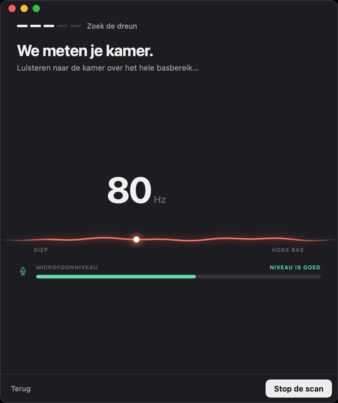 Unboom meet de kamer op 80 hertz, het microfoonniveau is goed