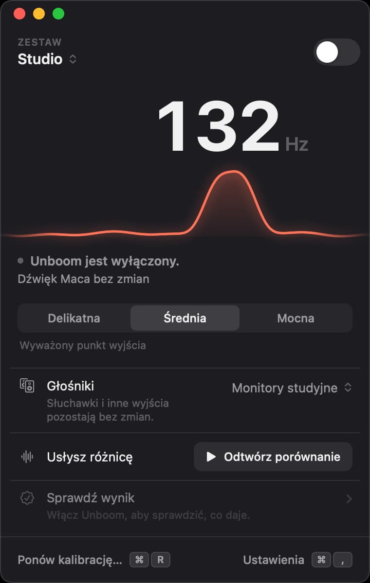 Okno Unboom z wyłączonym przełącznikiem: dudnienie w pokoju Studio przy 132 hercach wyraźnie się wybija