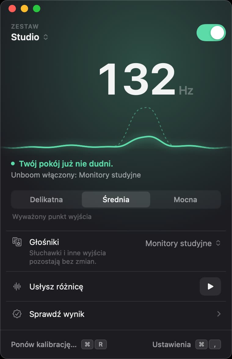 Okno Unboom z włączonym przełącznikiem: dudnienie w pokoju Studio przy 132 hercach przyciszone, siła Średnia