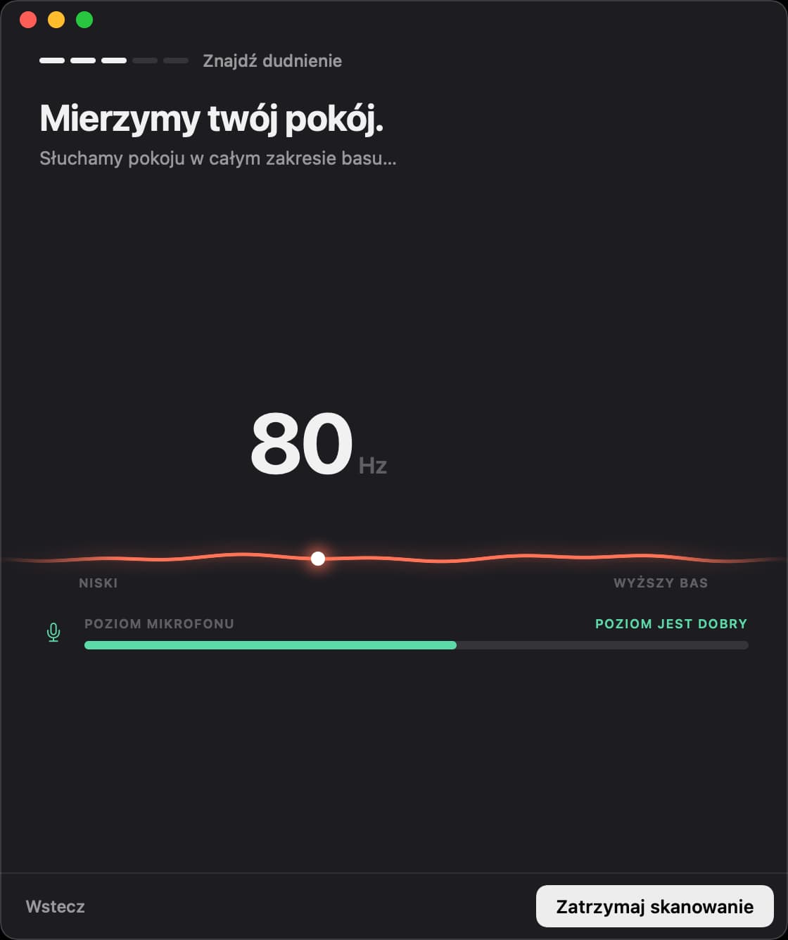 Unboom mierzy pokój przy 80 hercach, poziom mikrofonu jest dobry