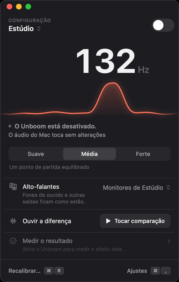 Janela do Unboom com o botão desativado: o retumbo do Estúdio em 132 hertz bem alto