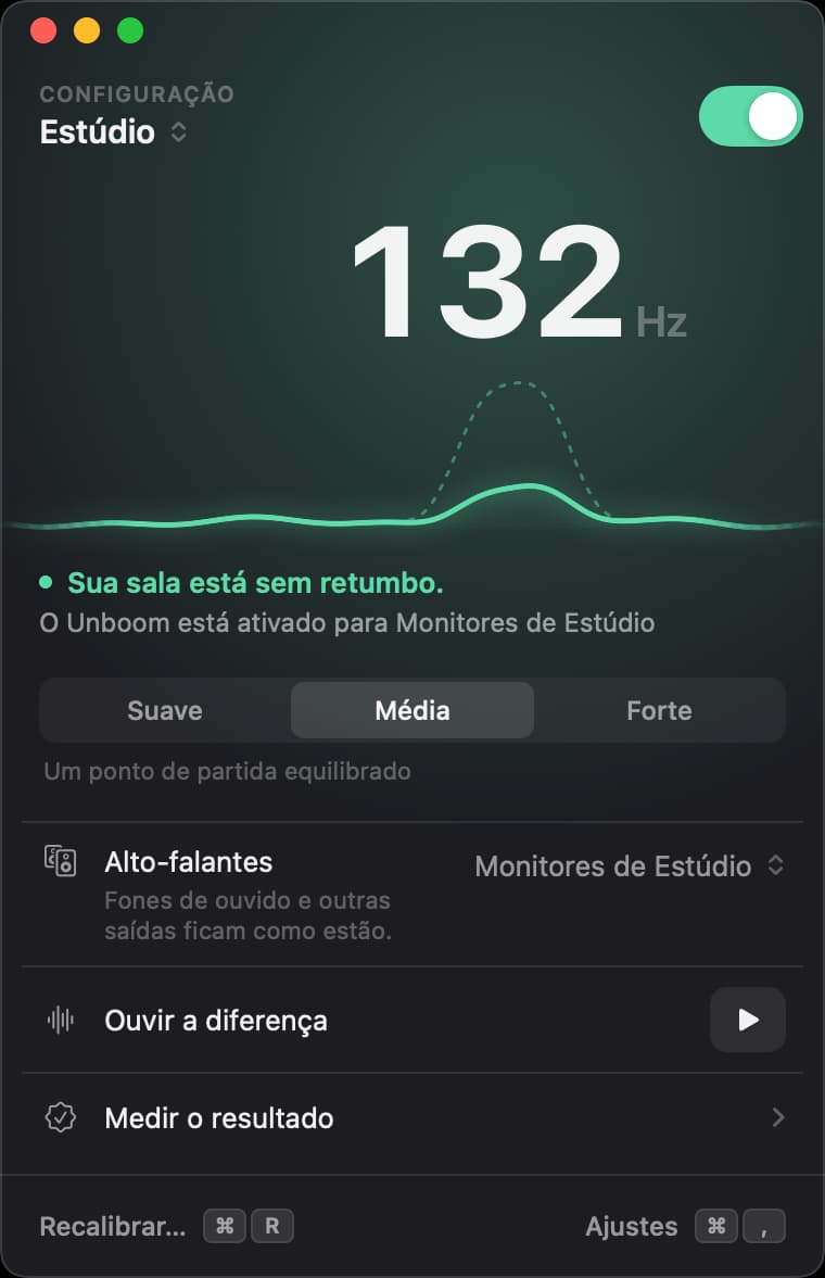 Janela do Unboom com o botão ativado: o retumbo do Estúdio em 132 hertz reduzido, intensidade Média