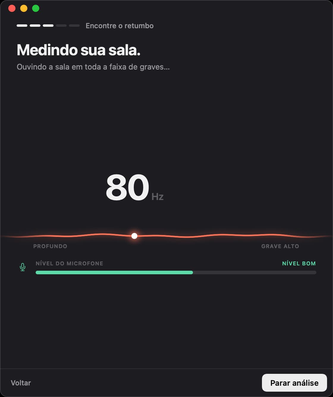 Unboom medindo a sala em 80 hertz, com o nível do microfone bom