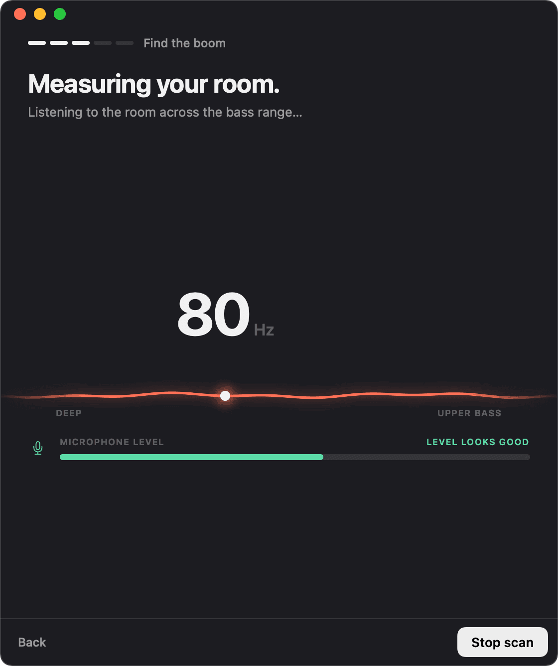 Unboom measuring the room at 80 hertz, with the microphone level looking good