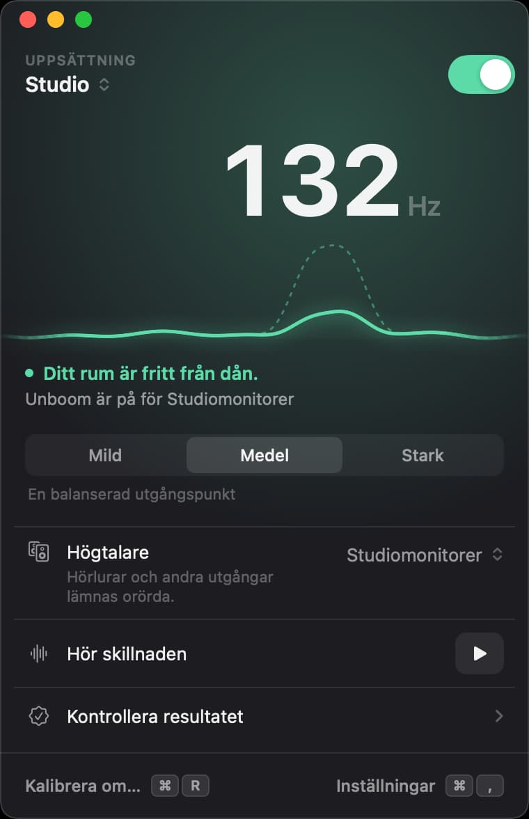 Unbooms fönster med reglaget på: dånet i Studio vid 132 hertz nedsänkt, styrka Medel