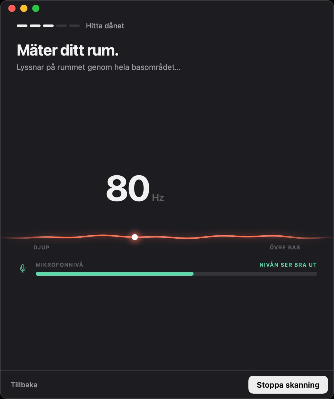 Unboom mäter rummet vid 80 hertz, och mikrofonnivån ser bra ut